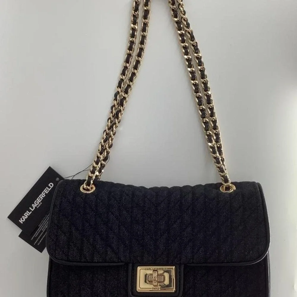 Karl Lagerfeld Paris Quilted Shoulder Bag Gold Chain Strap Navy Black NEW